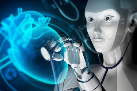Robot study holographic heart in futuristic medical laboratory. 3d illustration. Science concept.